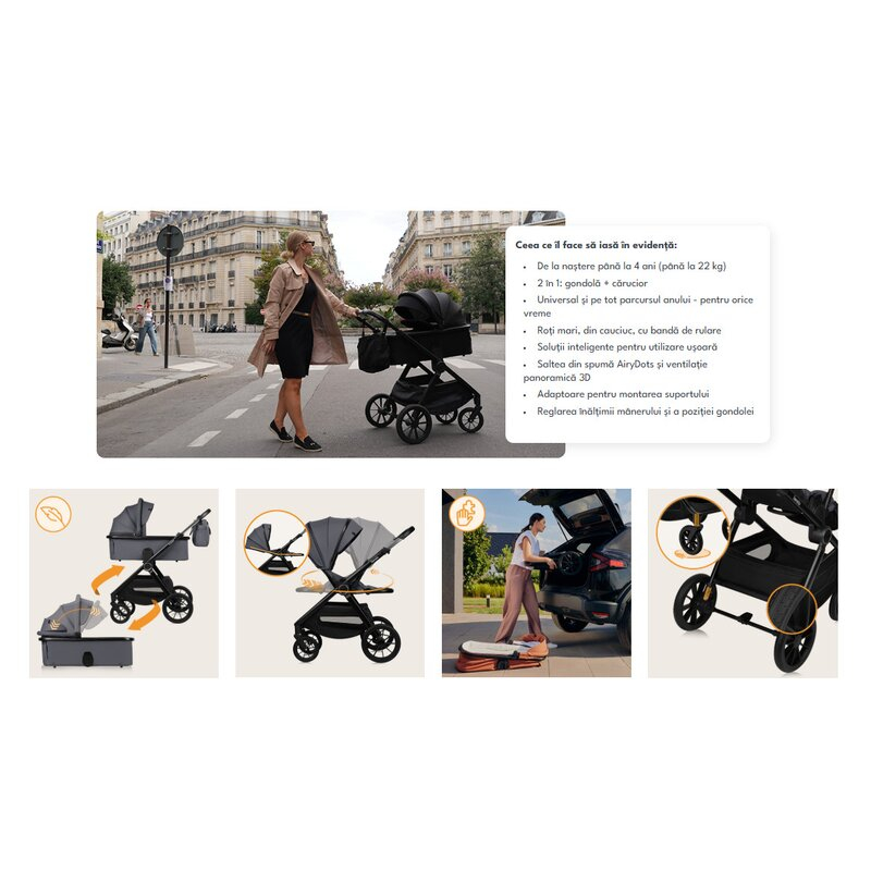 Carucior 2 in 1, Lionelo, Layla, Pana la 22 kg, Cadru aluminiu, Cu landou intarit si salteluta din spuma AirDots, Reversibil, Cu ventilatie 3D, Cu accesorii, EN1888-1, EN1888-2, EN1466, Gri [31]