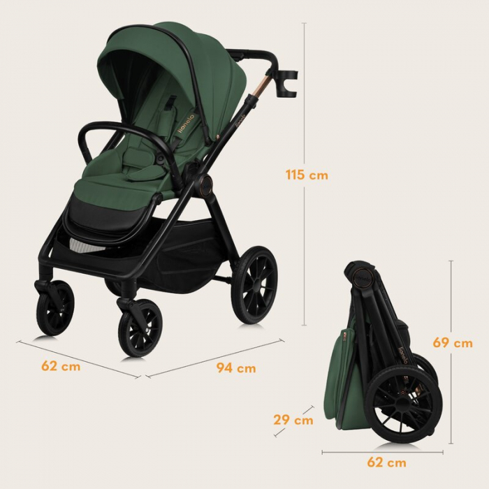 Carucior 2 in 1, Lionelo, Layla, Pana la 22 kg, Cadru aluminiu, Cu landou intarit si salteluta din spuma AirDots, Reversibil, Cu ventilatie 3D, Cu accesorii, EN1888-1, EN1888-2, EN1466, Verde [45]