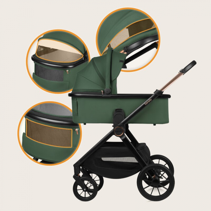 Carucior 2 in 1, Lionelo, Layla, Pana la 22 kg, Cadru aluminiu, Cu landou intarit si salteluta din spuma AirDots, Reversibil, Cu ventilatie 3D, Cu accesorii, EN1888-1, EN1888-2, EN1466, Verde [40]