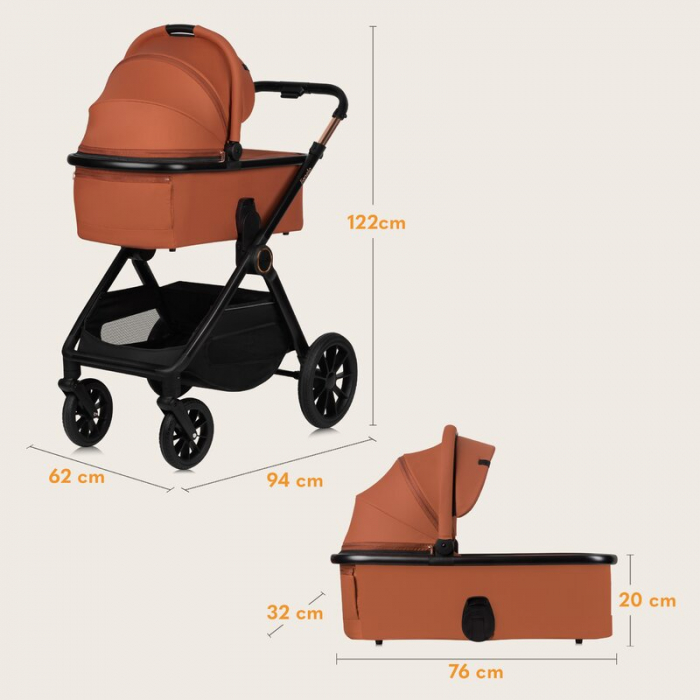 Carucior 2 in 1, Lionelo, Layla, Pana la 22 kg, Cadru aluminiu, Cu landou intarit si salteluta din spuma AirDots, Reversibil, Cu ventilatie 3D, Cu accesorii, EN1888-1, EN1888-2, EN1466, Maro [46]