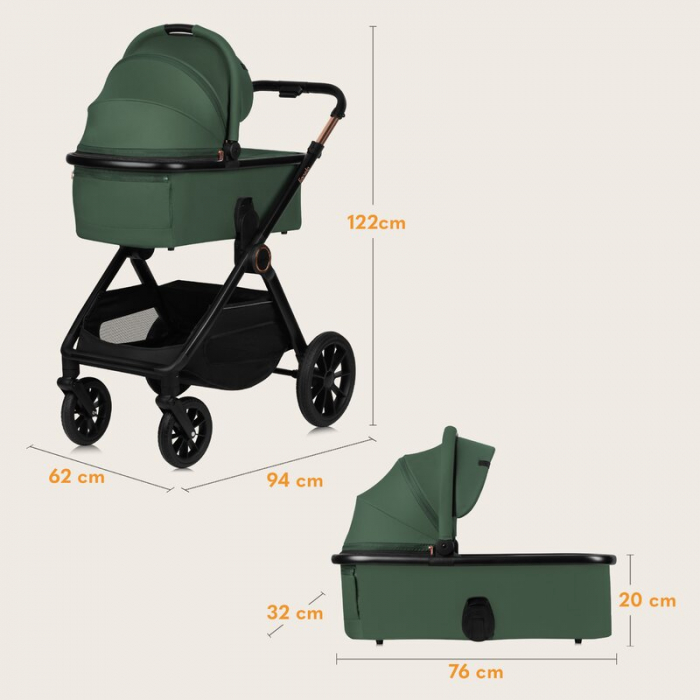 Carucior 2 in 1, Lionelo, Layla, Pana la 22 kg, Cadru aluminiu, Cu landou intarit si salteluta din spuma AirDots, Reversibil, Cu ventilatie 3D, Cu accesorii, EN1888-1, EN1888-2, EN1466, Verde [46]