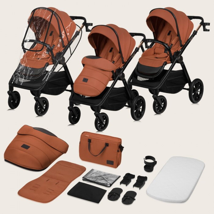 Carucior 2 in 1, Lionelo, Layla, Pana la 22 kg, Cadru aluminiu, Cu landou intarit si salteluta din spuma AirDots, Reversibil, Cu ventilatie 3D, Cu accesorii, EN1888-1, EN1888-2, EN1466, Maro [43]
