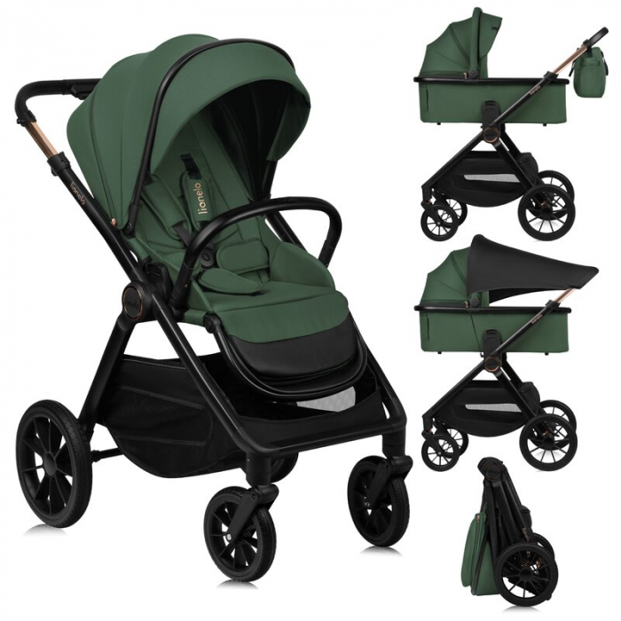 Carucior 2 in 1, Lionelo, Layla, Pana la 22 kg, Cadru aluminiu, Cu landou intarit si salteluta din spuma AirDots, Reversibil, Cu ventilatie 3D, Cu accesorii, EN1888-1, EN1888-2, EN1466, Verde [44]