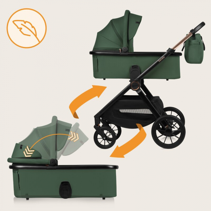 Carucior 2 in 1, Lionelo, Layla, Pana la 22 kg, Cadru aluminiu, Cu landou intarit si salteluta din spuma AirDots, Reversibil, Cu ventilatie 3D, Cu accesorii, EN1888-1, EN1888-2, EN1466, Verde [36]