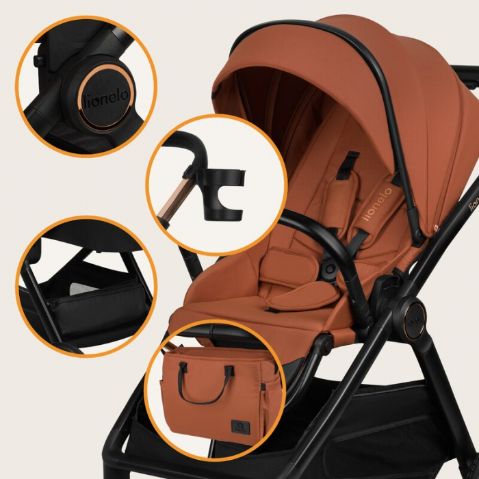 Carucior 2 in 1, Lionelo, Layla, Pana la 22 kg, Cadru aluminiu, Cu landou intarit si salteluta din spuma AirDots, Reversibil, Cu ventilatie 3D, Cu accesorii, EN1888-1, EN1888-2, EN1466, Maro [42]