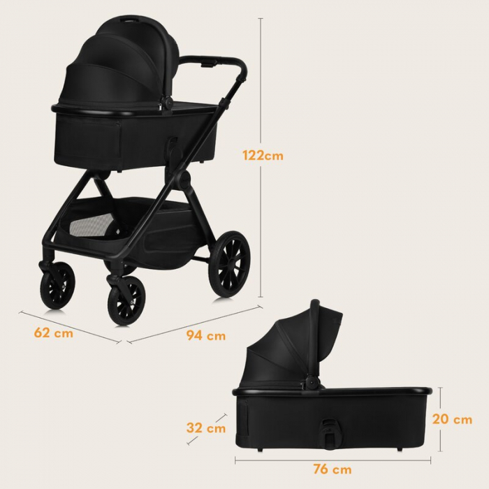 Carucior 2 in 1, Lionelo, Layla, Pana la 22 kg, Cadru aluminiu, Cu landou intarit si salteluta din spuma AirDots, Reversibil, Cu ventilatie 3D, Cu accesorii, EN1888-1, EN1888-2, EN1466, Negru [47]