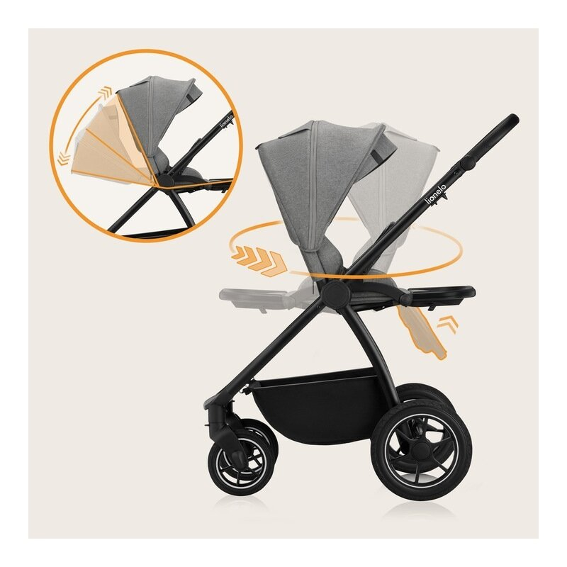 Carucior 2 in 1, Lionelo, Meril, Cu landou si scaun cu dimensiune XL, Reversibil, Cu sistem de ventilatie 3D, Cu accesorii, Pana la 22 kg, Conform cu EN1888-1 EN1888-2, EN1466, Gri [33]