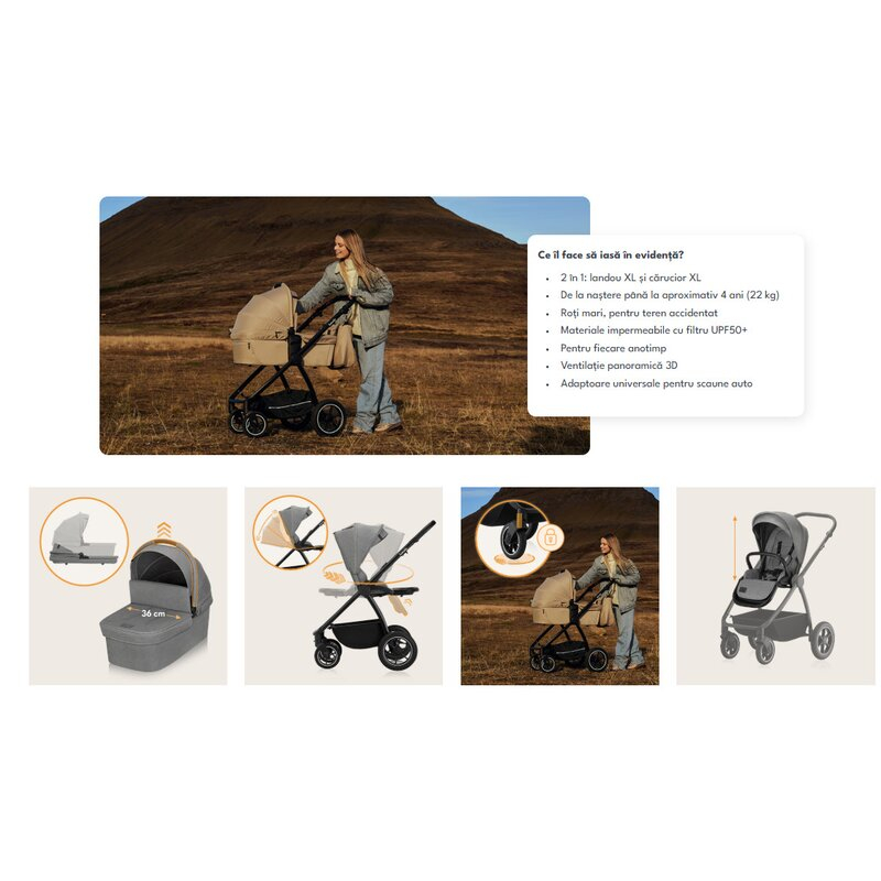 Carucior 2 in 1, Lionelo, Meril, Cu landou si scaun cu dimensiune XL, Reversibil, Cu sistem de ventilatie 3D, Cu accesorii, Pana la 22 kg, Conform cu EN1888-1 EN1888-2, EN1466, Gri [42]