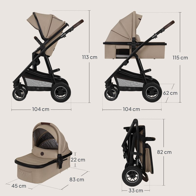 Carucior 3 in 1, Lionelo, Amber, Cadru aluminiu, Cu landou intarit si salteluta moale, Cu scoica auto testata ADAC, Reversibil, Cu accesorii, Geanta parinti, Pana la 22 kg, Bej [34]