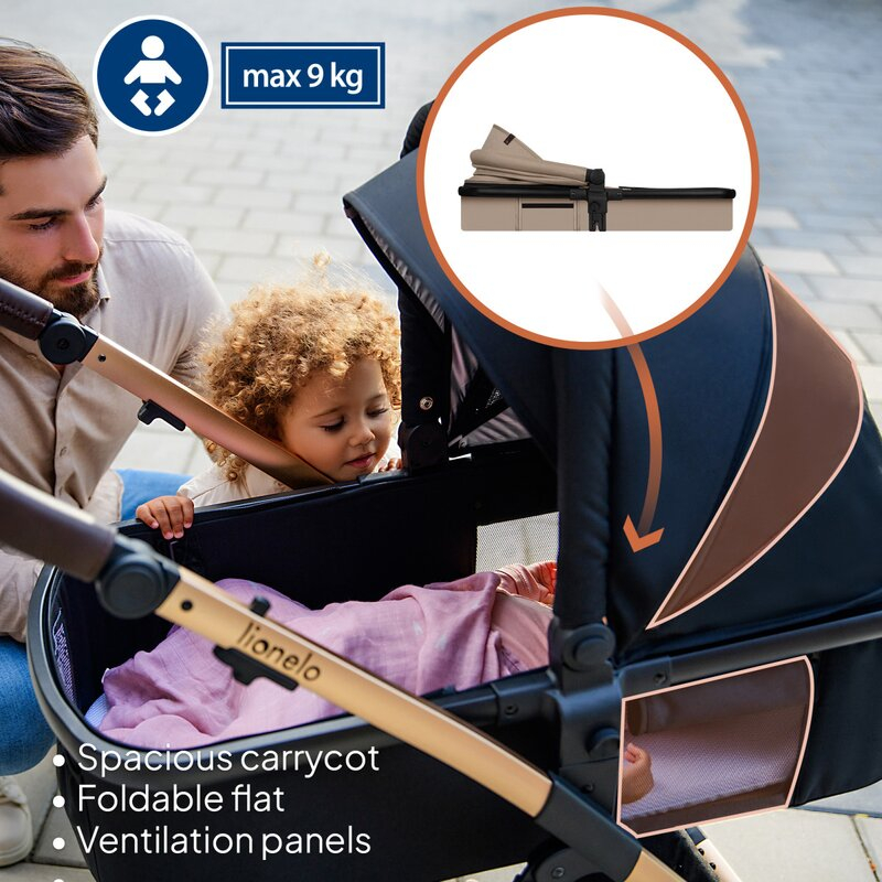 Carucior 3 in 1, Lionelo, Amber, Cadru aluminiu, Cu landou intarit si salteluta moale, Cu scoica auto testata ADAC, Reversibil, Cu accesorii, Geanta parinti, Pana la 22 kg, Bej [25]