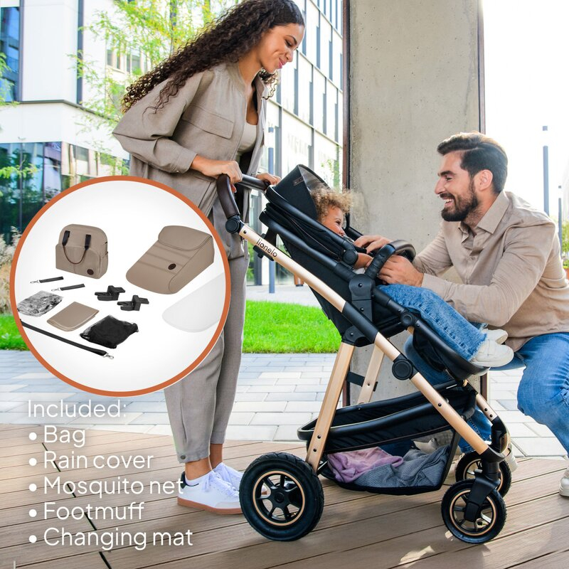 Carucior 3 in 1, Lionelo, Amber, Cadru aluminiu, Cu landou intarit si salteluta moale, Cu scoica auto testata ADAC, Reversibil, Cu accesorii, Geanta parinti, Pana la 22 kg, Bej [32]