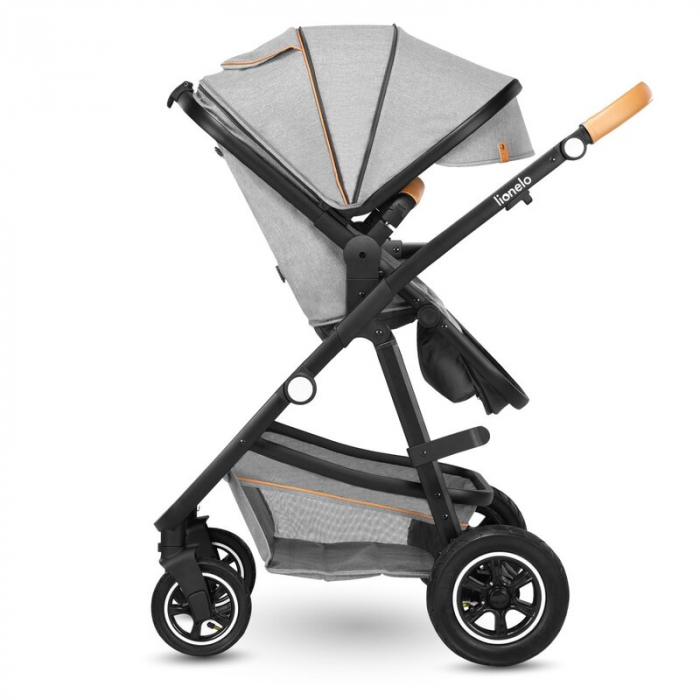 Carucior 3 in 1 Lionelo Amber, Cadru din aluminiu, Landou confortabil, Scaun auto testat ADAC, Accesorii incluse, Geanta parinti, pana la 22 kg, Certificat EN1888, Gri Deschis [37]