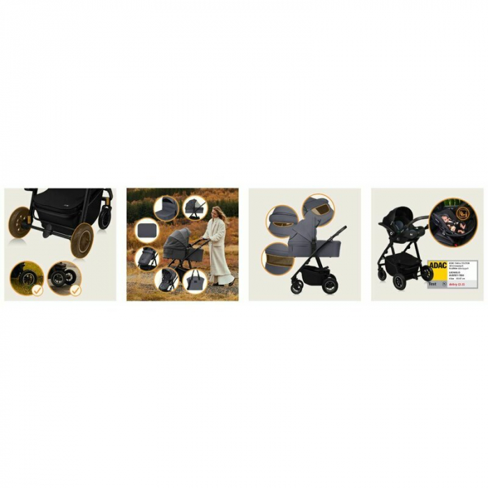 Carucior 3 in 1, Lionelo, Amber Plus, Cadru aluminiu, Cu landou intarit si salteluta moale, Cu scoica auto testata ADAC, Reversibil, Maner ajustabil, Cu accesorii, Cu ventilatie panoramica 3D, Pana la [44]