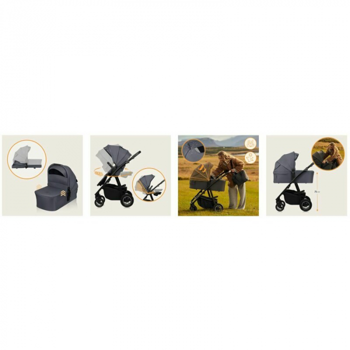 Carucior 3 in 1, Lionelo, Amber Plus, Cadru aluminiu, Cu landou intarit si salteluta moale, Cu scoica auto testata ADAC, Reversibil, Maner ajustabil, Cu accesorii, Cu ventilatie panoramica 3D, Pana la [43]