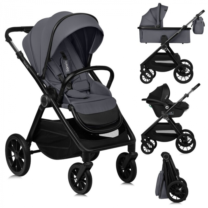 Carucior 3 in 1, Lionelo, Layla, Cadru din aluminiu, Cu landou intarit si salteluta din spuma AiryDots, Cu scoica auto testata ADAC, Reversibil, Cu sistem de ventilatie 3D, Cu accesorii, Pana la 22 kg [38]