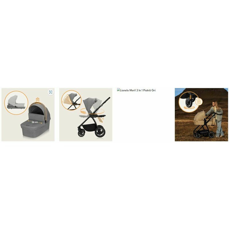 Carucior 3 in 1, Lionelo, Meril, Cu landou de dimensiune XL, Reversibil, Cu scoica auto testata ADAC, Cu accesorii, Pana la 22 kg, Conform cu EN1888-1 EN1888-2, EN1466, Gri [29]