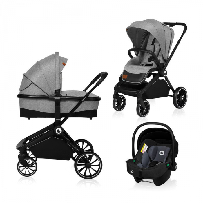 Carucior 3 in 1, Lionelo, Mika, Cadru din aluminiu, Cu landou intarit si salteluta moale, Cu scoica auto testata ADAC, Reversibil, Cu accesorii, Pana la 22 kg, EN1888-1 EN1888-2 EN1466 ECE R129, Gri d [1]