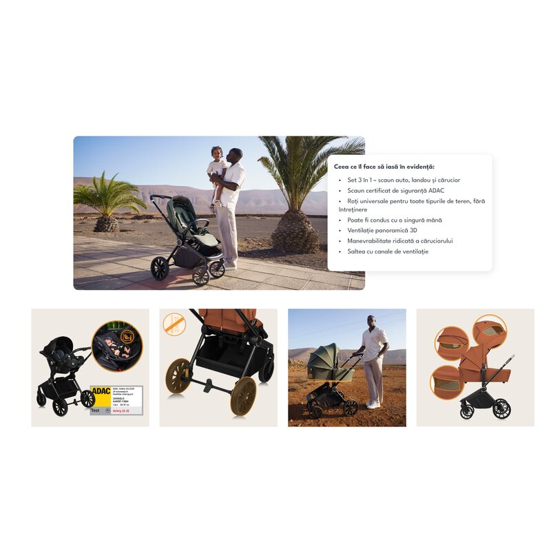 Carucior 3 in 1, Lionelo, Mika Plus, Cadru din aluminiu, Cu landou intarit si salteluta moale, Cu scoica auto testata ADAC, Reversibil, Cu sistem de ventilatie 3D, Cu accesorii, Pana la 22 kg, EN1888- [30]