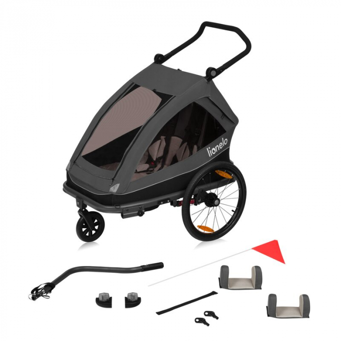 Carucior si remorca de bicicleta, Lionelo, Cama, Multifunctional, Pentru 1 sau 2 copii, Cu sistem de absorbtie a socurilor SIQ, Geamuri cu protectie solara, Negru [4]
