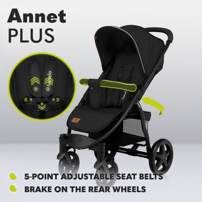 Carucior sport, Lionelo, Annet Plus, De la nastere, Cu accesorii si capotina XXL reglabila, 0 - 22 Kg, Conform cu standardele europene de securitate EN1888-1 si EN1888-2, Verde [32]