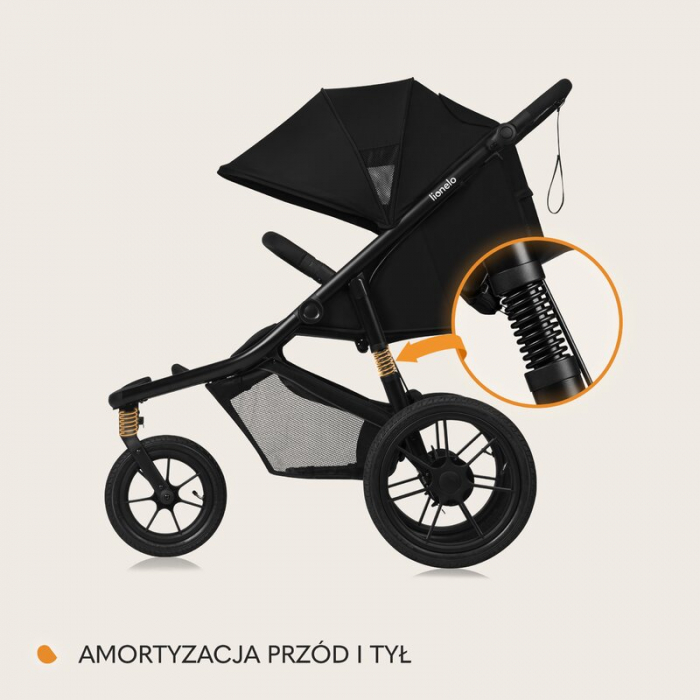 Carucior sport, Lionelo, Azura, Cu 3 roti, Cu baldachin XXL impermeabil, Pliere compacta, Pana la 22 kg, 6-48 luni, Conform cu standardele europene de securitate EN1888-1 si EN1888-2, Negru [34]