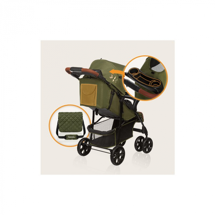Carucior sport, Lionelo, Emma Plus, Cu tavita, 2 Suporturi pentru pahar, Geanta accesorii, Conform cu standardul european de securitate EN1888-1, Forest Green [18]