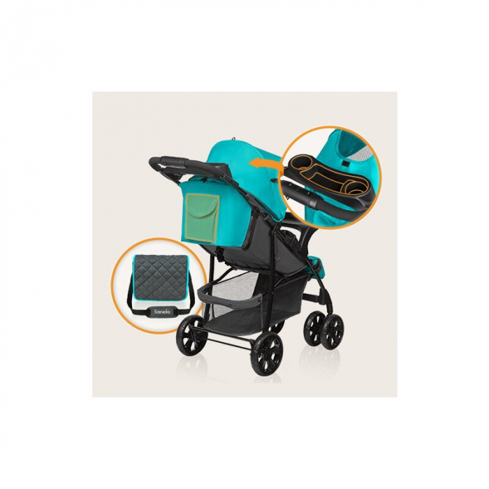 Carucior sport, Lionelo, Emma Plus, Cu tavita, 2 Suporturi pentru pahar, Geanta accesorii, Conform cu standardul european de securitate EN1888-1, Vivid Turquoise [21]