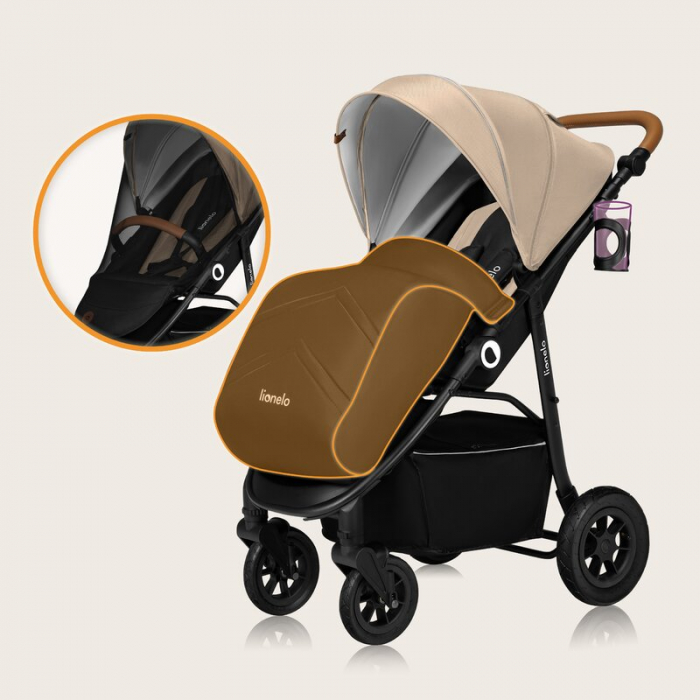 Carucior sport, Lionelo, Natt, De la nastere, Cu accesorii si capotina XXL reglabila, 0 - 22 kg, Conform cu standardele europene de securitate EN1888-1, EN1888-2, Bej [28]