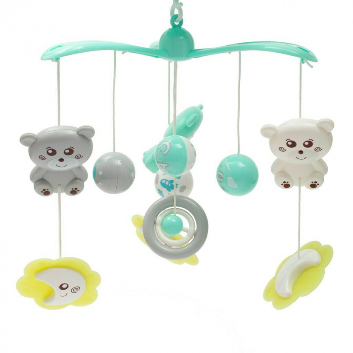 Carusel muzical, BabyMix, Pentru patut bebelusi, Cu proiectii, Cu melodii si sunete ale naturii, Cu 10 jucarii si ceas de jucarie pe suport, Mint [2]