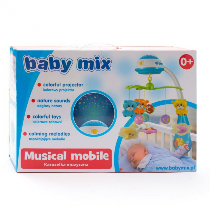 Carusel muzical, BabyMix, Pentru patut bebelusi, Cu proiectii, Cu melodii si sunete ale naturii, Cu 10 jucarii si ceas de jucarie pe suport, Mint [10]