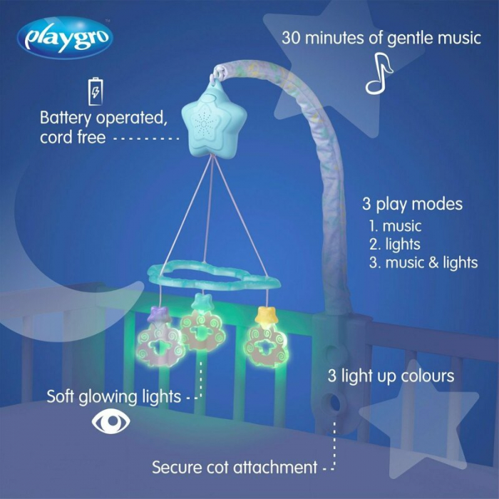 Carusel muzical, Playgro, Cu stelute si norisori, Pana la 30 de minute de muzica linistitoare, Cu 3 moduri de functionare: lumina si muzica, doar lumina sau doar muzica, Astasabil la patut, Fara BPA,  [3]