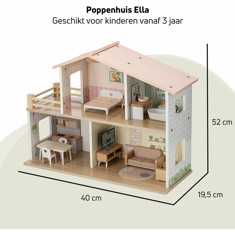 Casuta de papusi, Free2Play, Din lemn, Cu 13 piese de mobilier, Cu acces facil, 52 x 19,5 x 40 cm, 36 luni+, Multicolor [13]