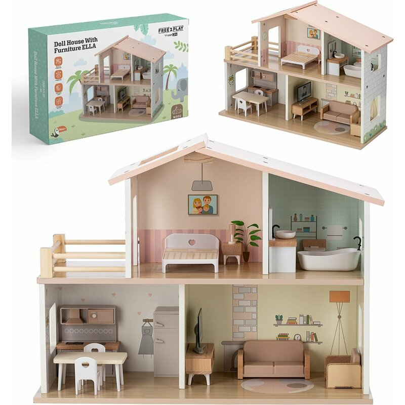 Casuta de papusi, Free2Play, Din lemn, Cu 13 piese de mobilier, Cu acces facil, 52 x 19,5 x 40 cm, 36 luni+, Multicolor [12]