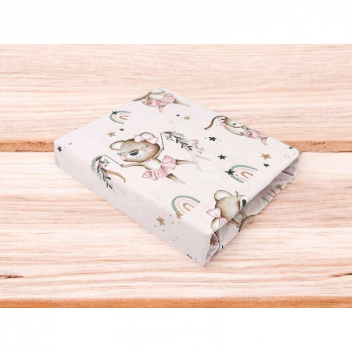 Cearceaf cu elastic, MimiNu, Pentru pat 160x80 cm, Din bumbac certificat Oeko Tex Standard 100, Design, Little Ballerina Pink [2]