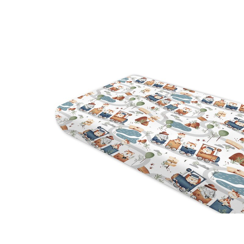 Cearceaf cu elastic, MimiNu, Pentru pat 160x80 cm, Din bumbac certificat Oeko Tex Standard 100, Design, Zoo in train [1]