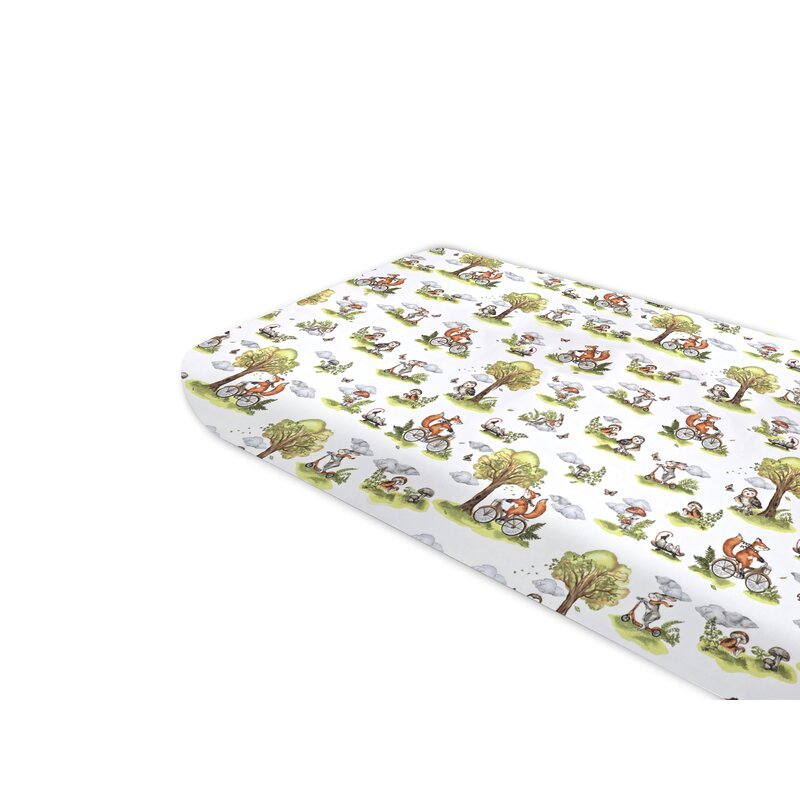 Cearceaf cu elastic, Qmini, Pentru pat 160x80 cm, Din bumbac certificat Oeko Tex Standard 100, Fox on bikes Natural [1]