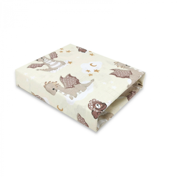 Cearceaf cu elastic, Qmini, Pentru patut 120X60 cm, Din bumbac certificat Oeko Tex Standard 100, Dragons Beige [1]