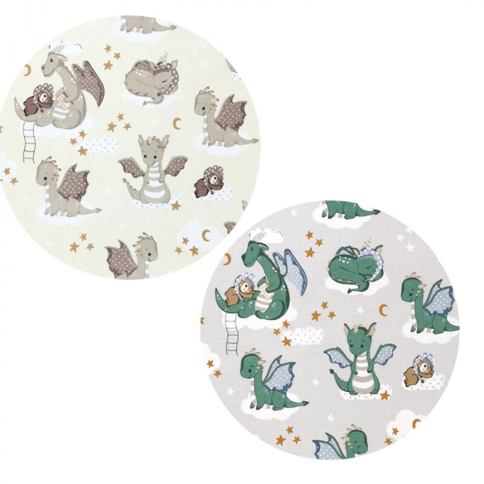 Cearceaf cu elastic, Qmini, Pentru patut 120X60 cm, Din bumbac certificat Oeko Tex Standard 100, Dragons Beige [6]