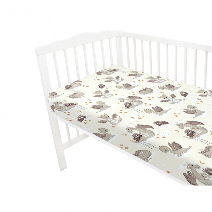 Cearceaf cu elastic, Qmini, Pentru patut 120X60 cm, Din bumbac certificat Oeko Tex Standard 100, Dragons Beige [3]