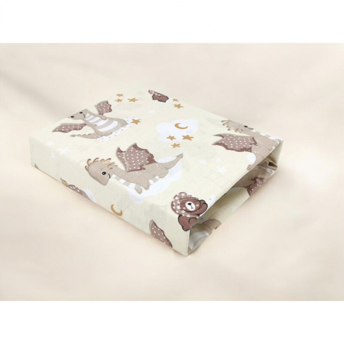 Cearceaf cu elastic, Qmini, Pentru patut 120X60 cm, Din bumbac certificat Oeko Tex Standard 100, Dragons Beige [2]