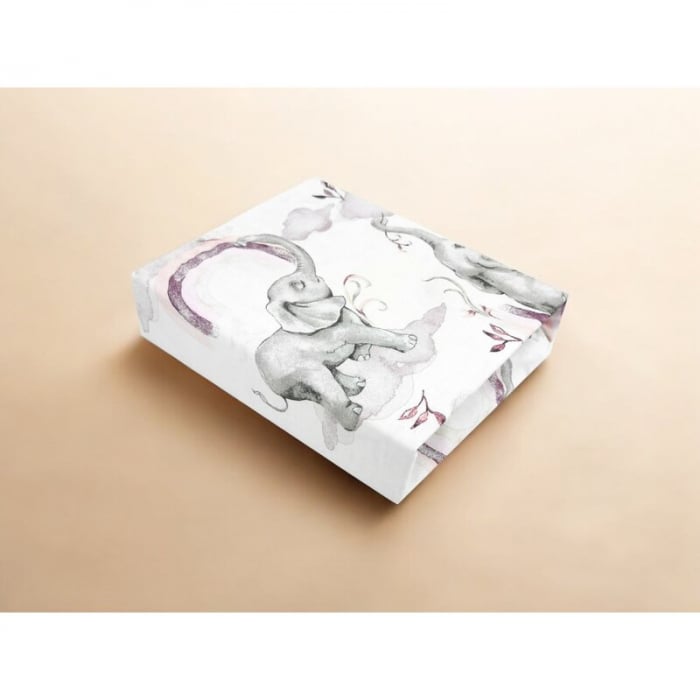 Cearceaf cu elastic, Qmini, Pentru patut 120x60 cm, Din bumbac certificat Oeko Tex Standard 100, Elephants on Rainbow Pink [2]