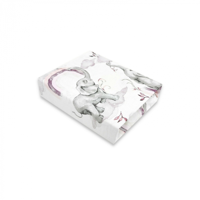 Cearceaf cu elastic, Qmini, Pentru patut 120x60 cm, Din bumbac certificat Oeko Tex Standard 100, Elephants on Rainbow Pink [1]