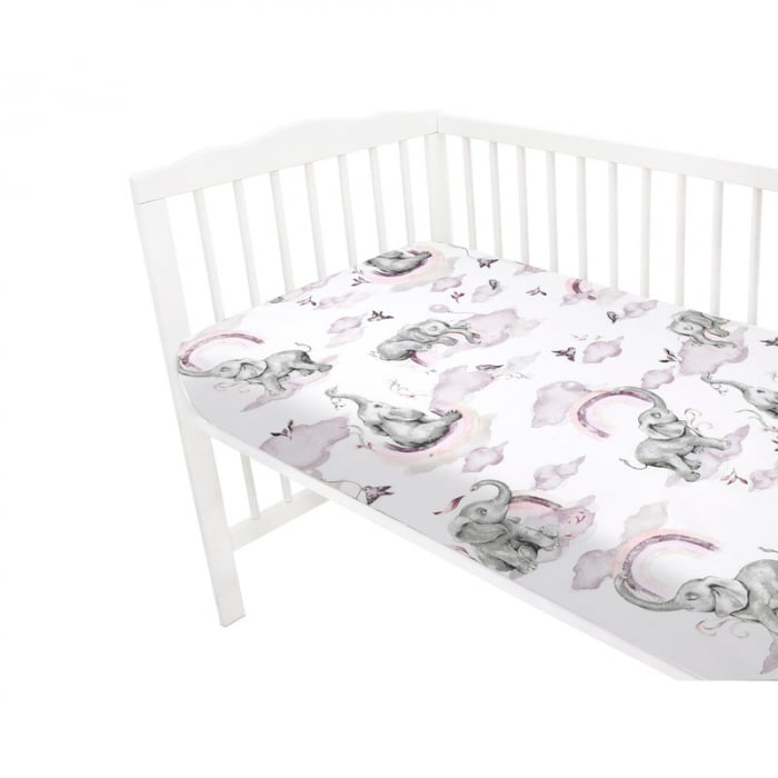 Cearceaf cu elastic, Qmini, Pentru patut 120x60 cm, Din bumbac certificat Oeko Tex Standard 100, Elephants on Rainbow Pink [3]