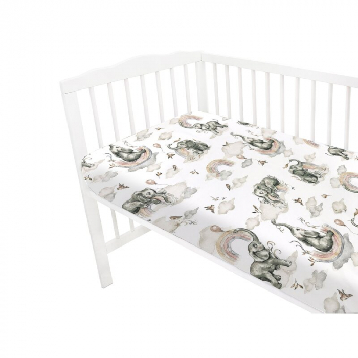 Cearceaf cu elastic, Qmini, Pentru patut 140X70 cm, Din bumbac certificat Oeko Tex Standard 100, Elephants on Rainbow [3]