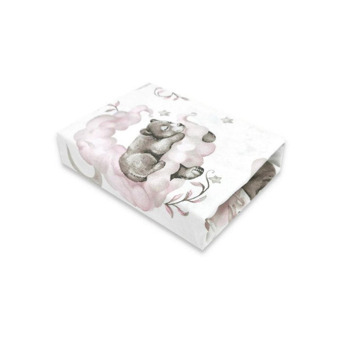 Cearceaf cu elastic, Qmini, Pentru patut 140X70 cm, Din bumbac certificat Oeko Tex Standard 100, Teddy Bear and Friends Pink [1]