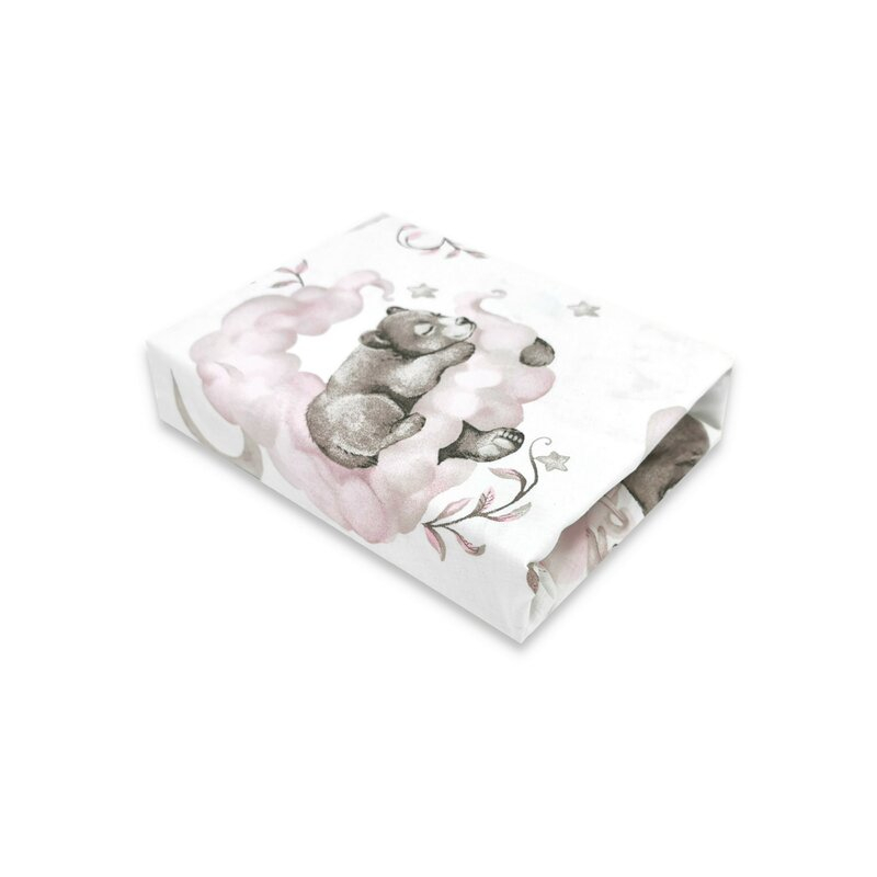 Cearceaf cu elastic, Qmini, Pentru patut co-sleeper, Aurora, Dimensiune 76 x 43 cm, Din bumbac certificat Oeko Tex Standard 100, Teddy Bear and Friends Pink [1]
