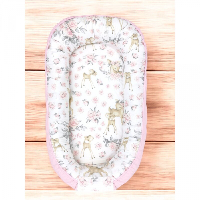 Cosulet bebelus, MimiNu, Pentru dormit, Cu doua fete, Baby Nest 105x66 cm, Husa 100% bumbac si catifea moale, Materiale certificate Oeko Tex Standard 100, Cu salteluta, Detasabila, Velvet Sweet Deer P [2]