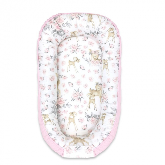 Cosulet bebelus, MimiNu, Pentru dormit, Cu doua fete, Baby Nest 105x66 cm, Husa 100% bumbac si catifea moale, Materiale certificate Oeko Tex Standard 100, Cu salteluta, Detasabila, Velvet Sweet Deer P [1]
