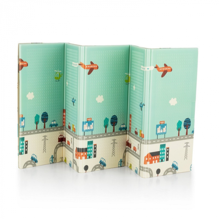 Covoras de joaca, Petite&Mars, Reversibil, Include geanta pentru transport, Pliabil si impermeabil, Non-toxic, 197 x 147 x 1 cm, Oras, 0 luni+, Multicolor [1]