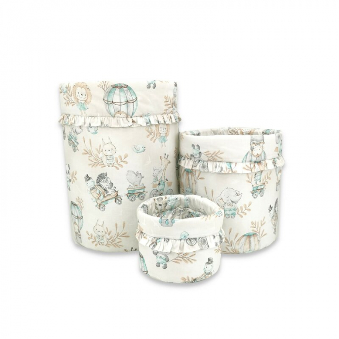 Cutie depozitare jucarii, MimiNu, Set 3 cosuri rotunde cu dimensiuni generoase pentru jucarii, Cu volanase, Dimensiuni 50x35 cm, 35x30 cm, 19x23 cm, Din bumbac certificat Oeko Tex Standard 100, Design [1]